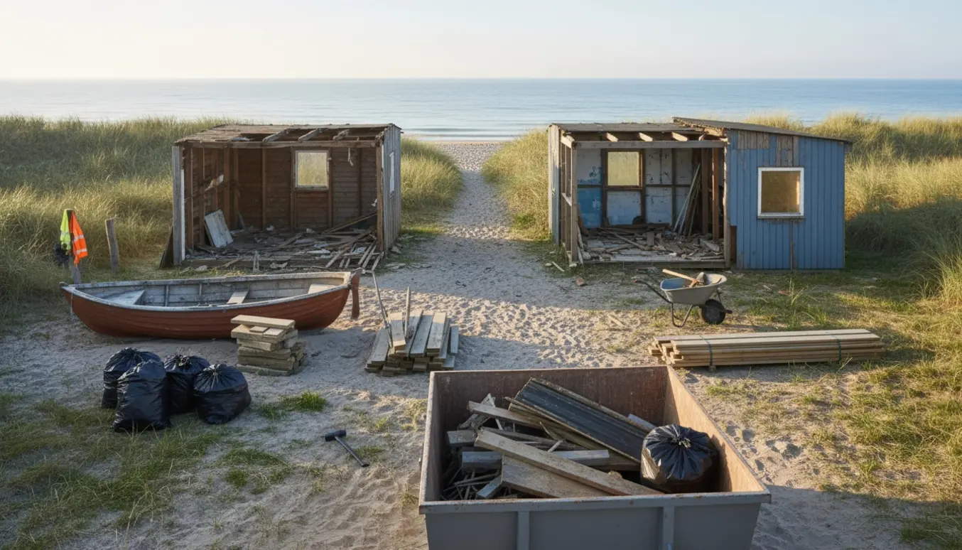 Delvist nedrevet sommerhusgrund ved Høve Strand med to skure, et lille anneks og en jolle ved bunker af byggeaffald og værktøj.