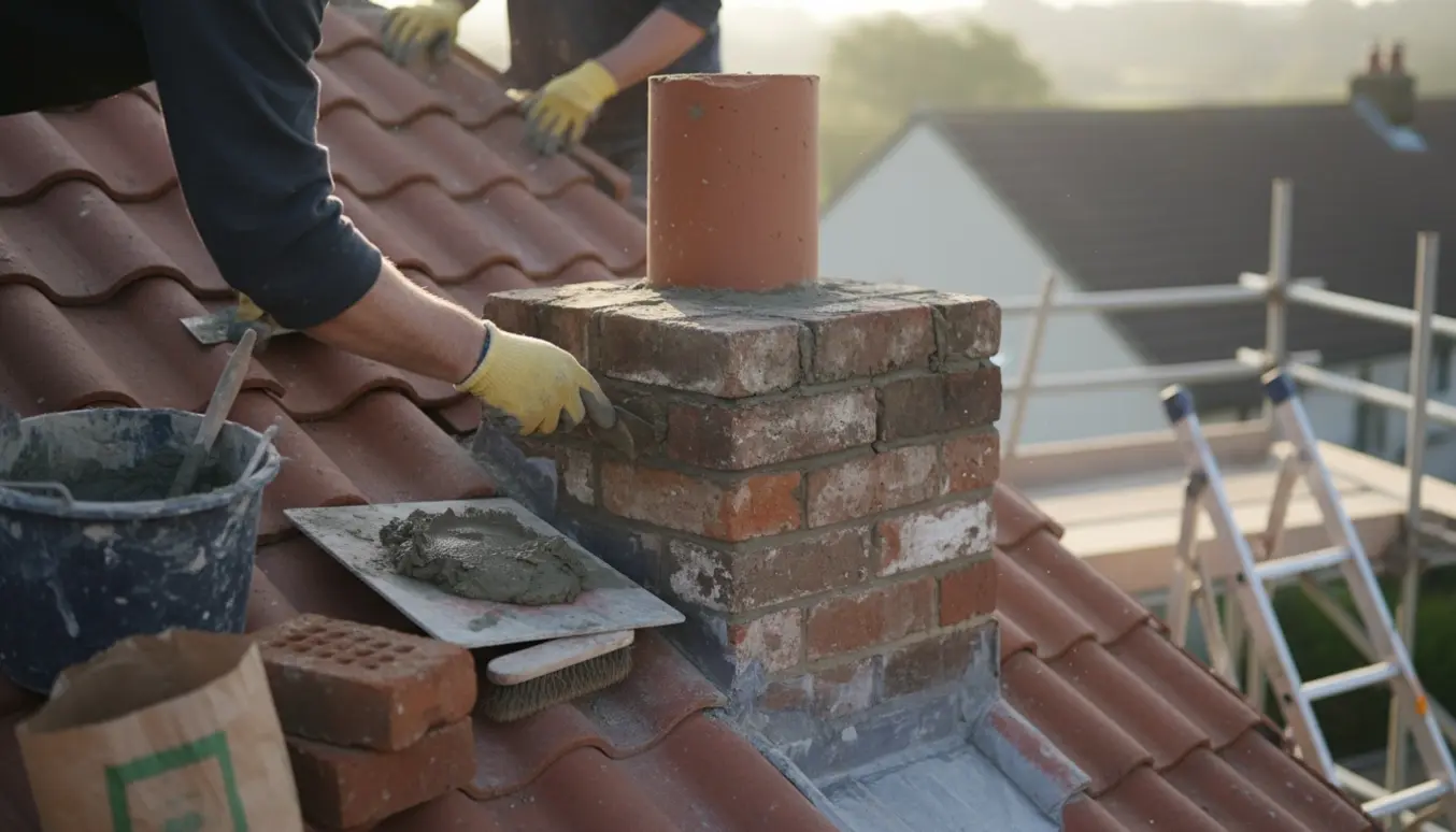 En murer reparerer fuger på en skorsten på et tegltag med murerværktøj i morgenslys.