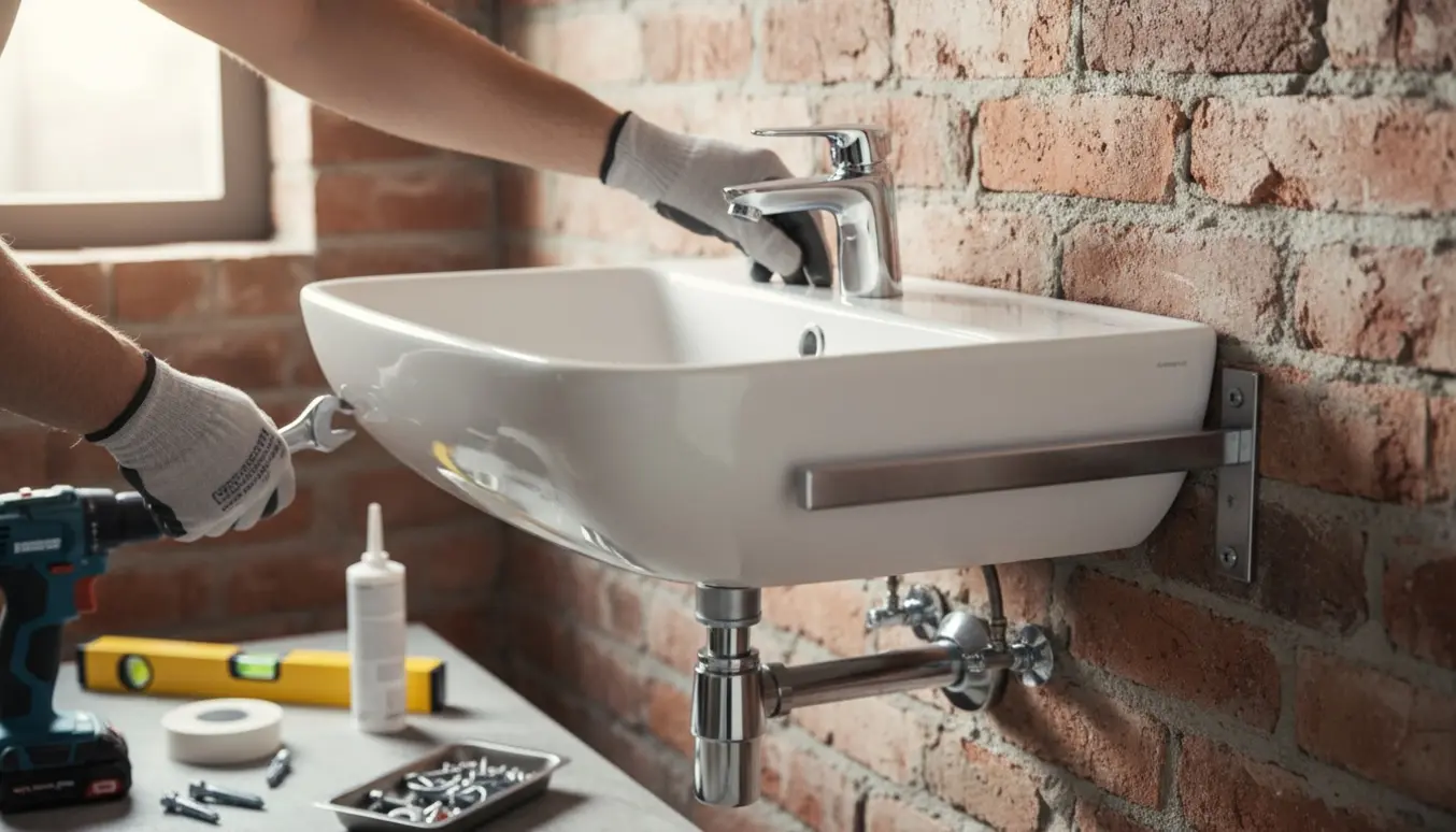 Nærbillede af montering af hvid væghængt håndvask på murstensvæg med værktøj og monteringsbeslag.