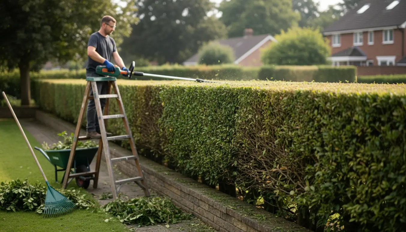 Person på en stige trimmer toppen af en lang hæk, med friskklippede grene på stien.