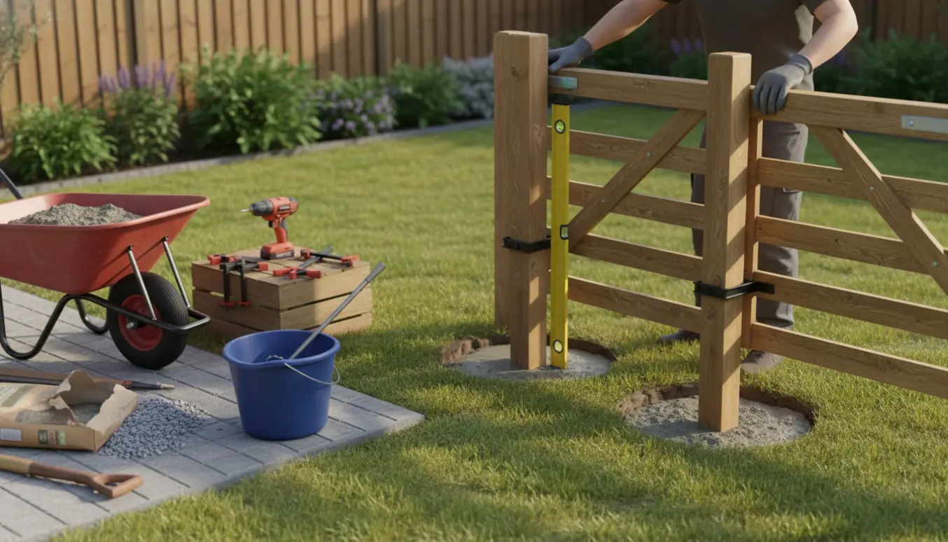 Opsætning af træhavelåge med stolper i våd beton og værktøj i forgrunden.
