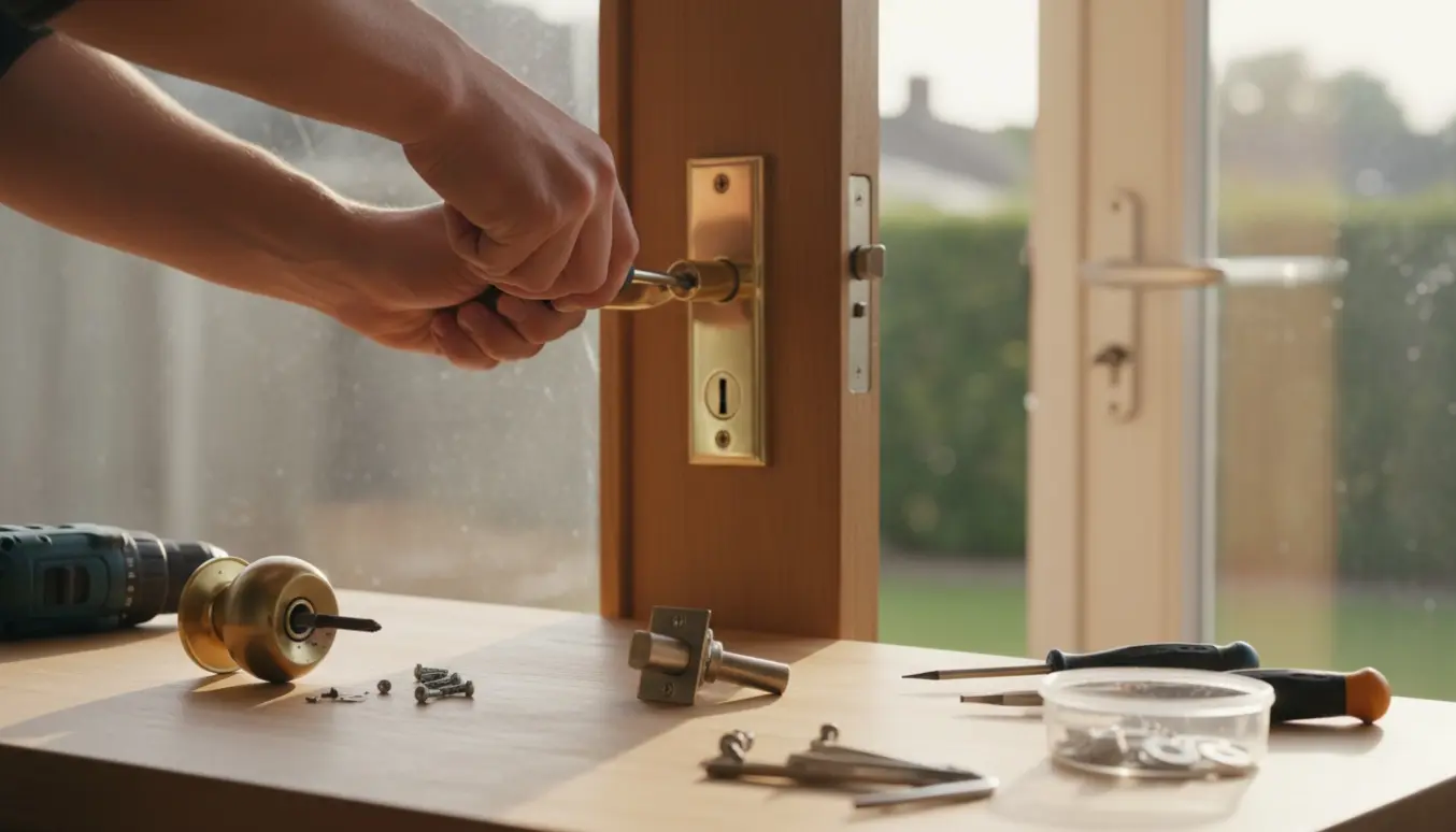 Nærbillede af hænder, der reparerer tre forskellige dørhåndtag på et arbejdsbord med værktøj.