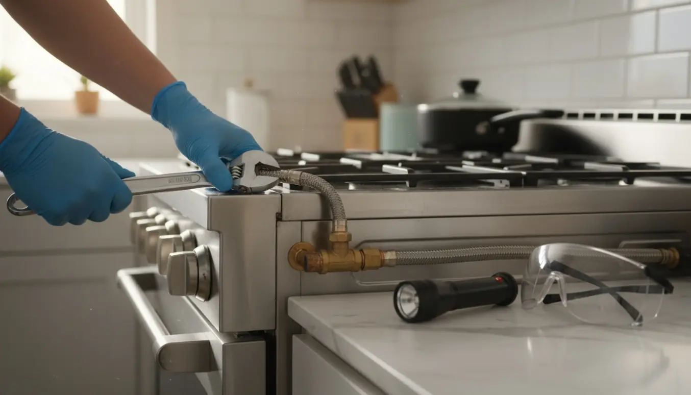 Hænder med værktøj trækker et gaskomfur ud fra køkkenet, mens gasventilen er slået fra.