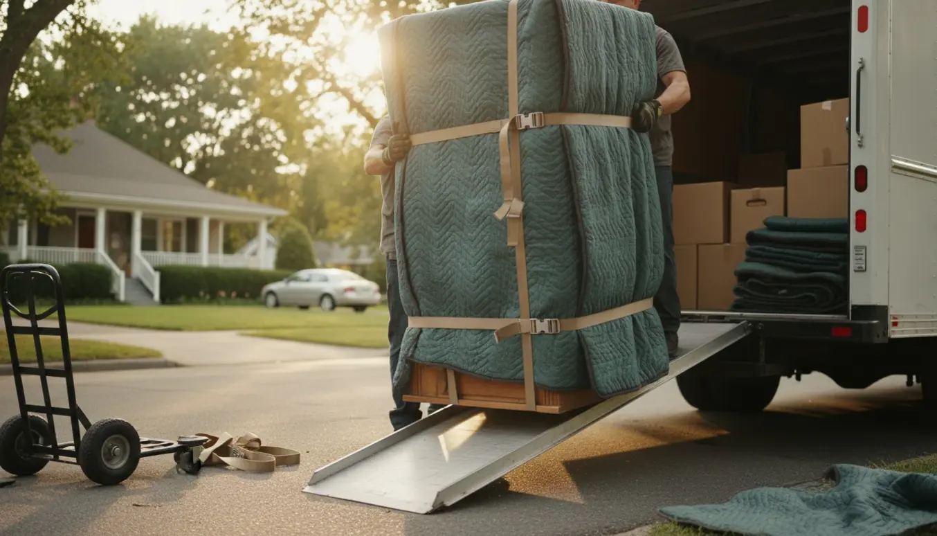 To flyttemænd bærer et indpakket klædeskab op ad rampen og ind i en neutral flyttevogn på en stille villavej.
