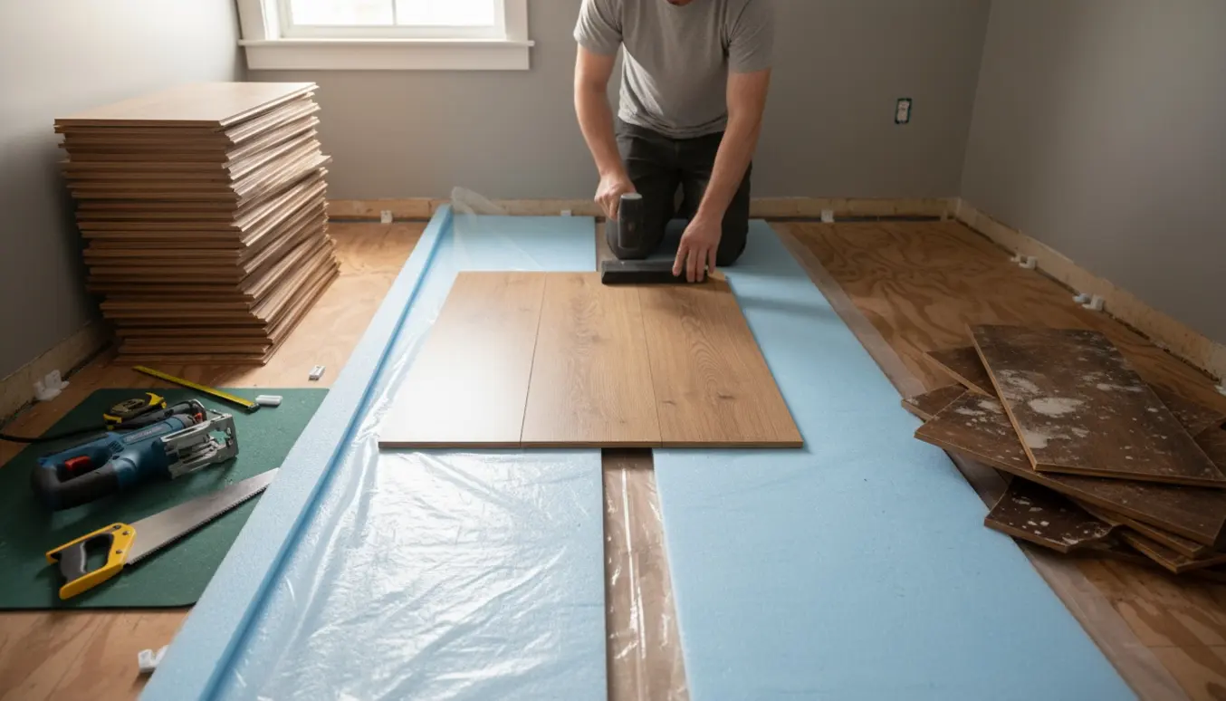 Småt rum under renovering med underlag og laminatplanker ved montering efter fjernet trægulv.