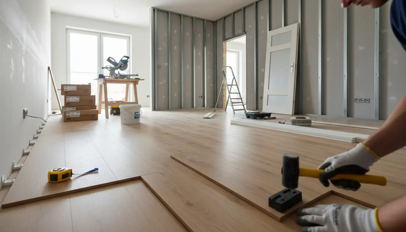 Arbejder lægger 14 mm klikgulv på jævne MDF-plader i en lejlighed med delvist opførte metalvægge og gips.