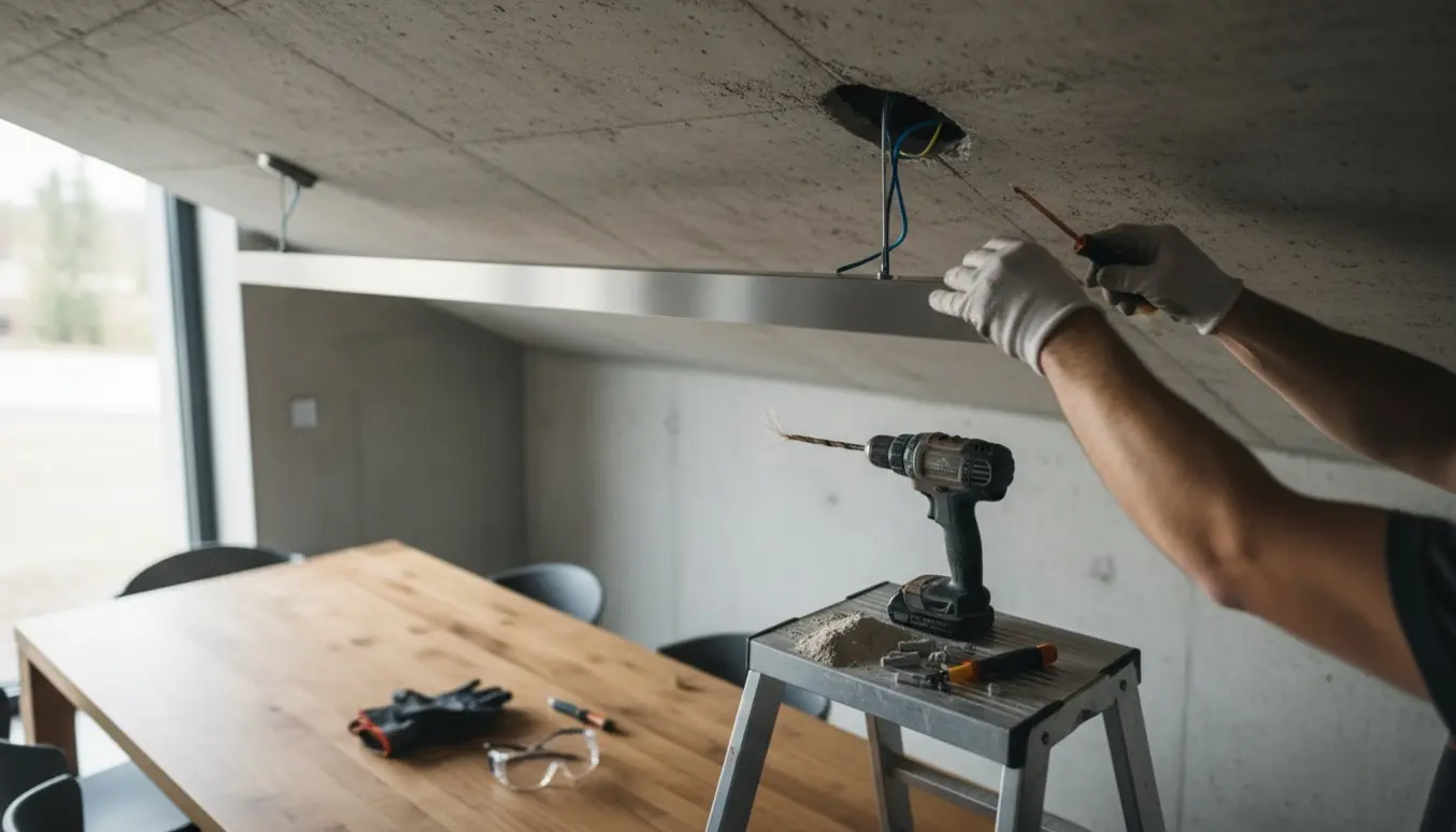 Hænder monterer en langpendel i et betonloft med boremaskine, plugs og blottede ledninger.