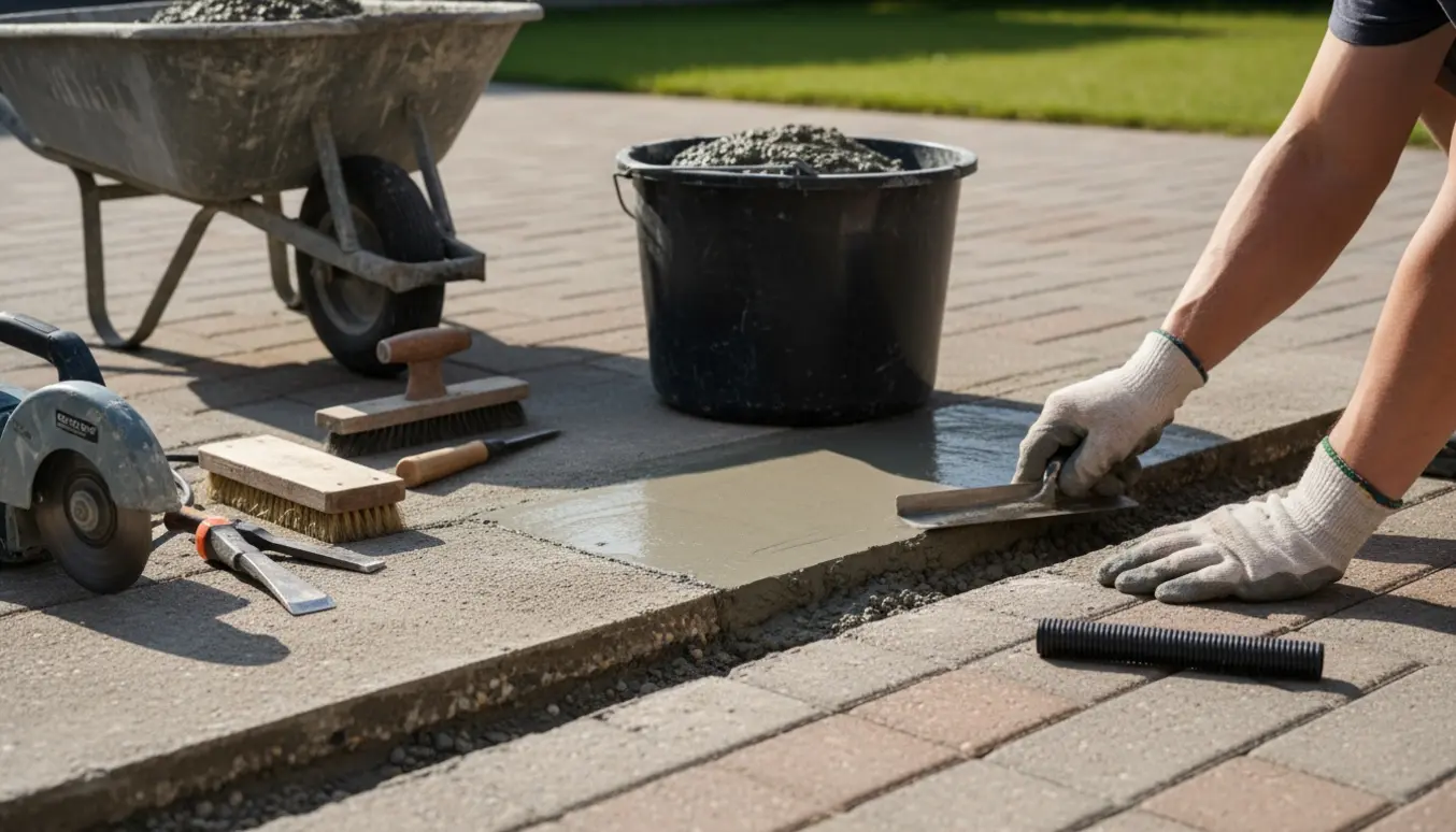 Nærbillede af udbedring af et smalt udendørs betonspor med frisk udstøbt beton og værktøj.