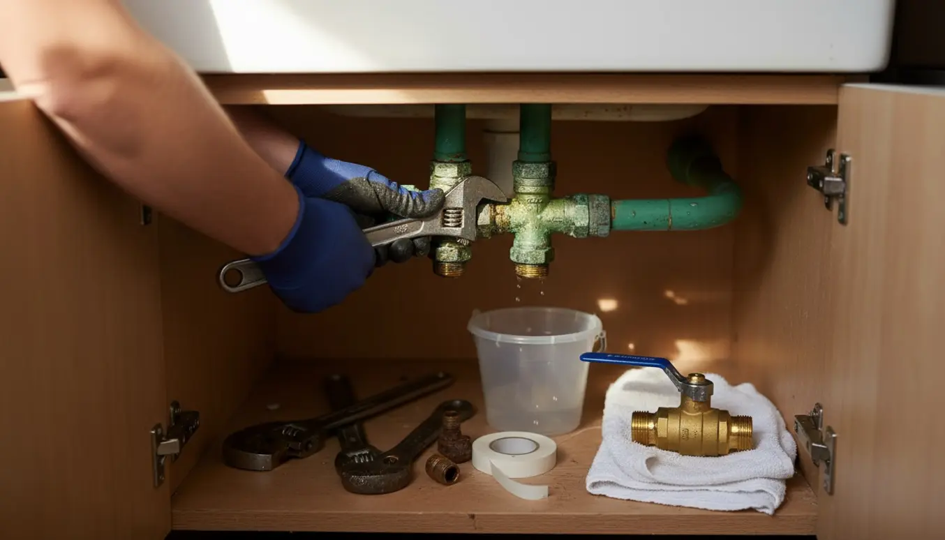 Nærbillede af hænder, der udskifter rustne ballofix-ventiler under en køkkenvask med værktøj og en lille spand synlig.