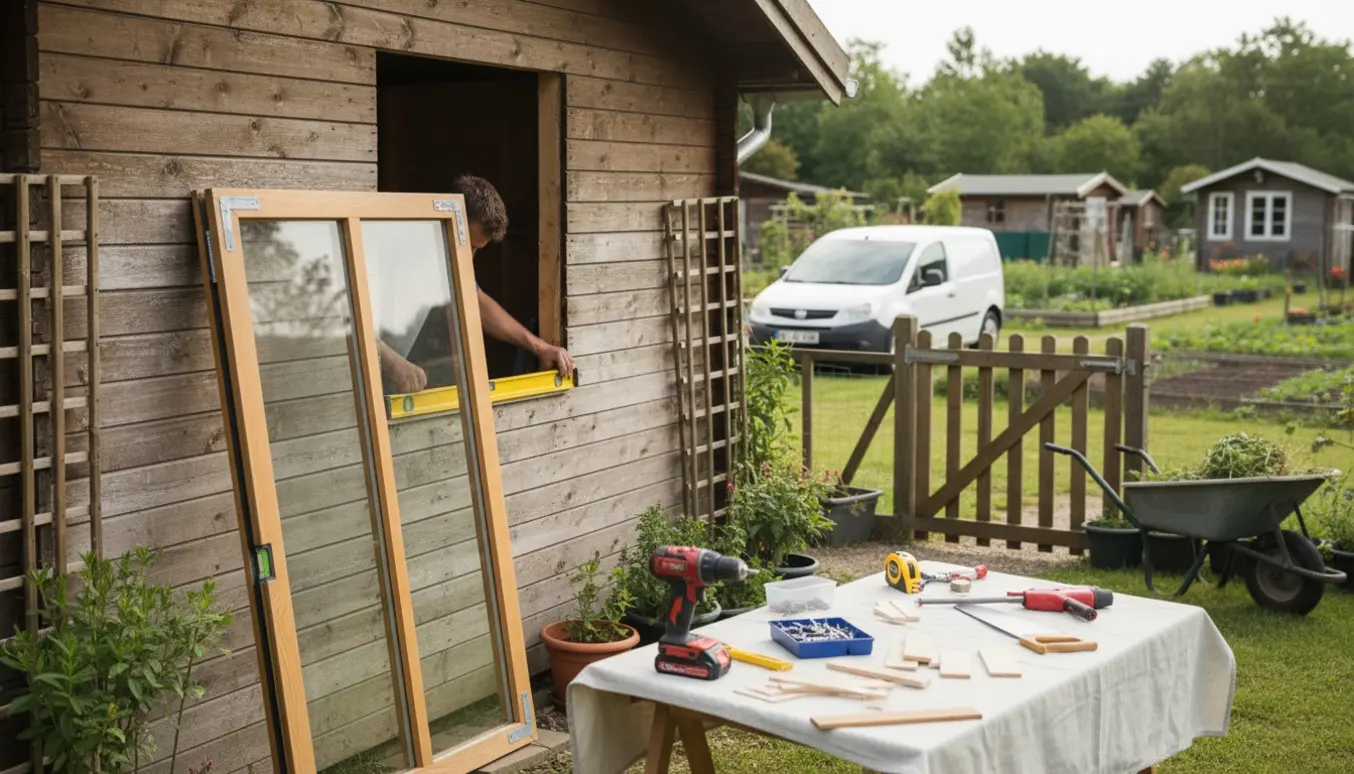 Håndværker monterer vindue i et lille kolonihavehus med værktøj og varevogn i baggrunden.