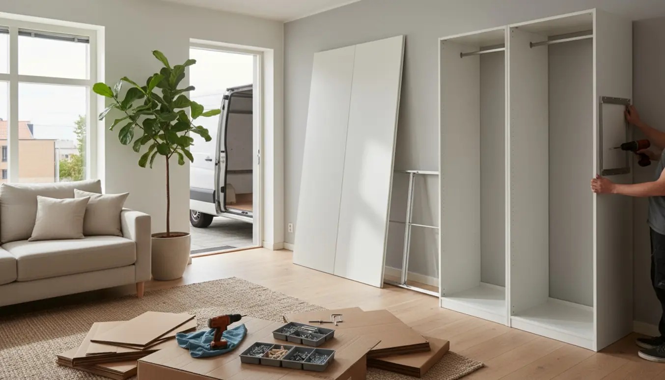 Delvist samlet fladpakket skab i en lys stue med værktøj og en åben, logo-fri varevogn uden for døren.