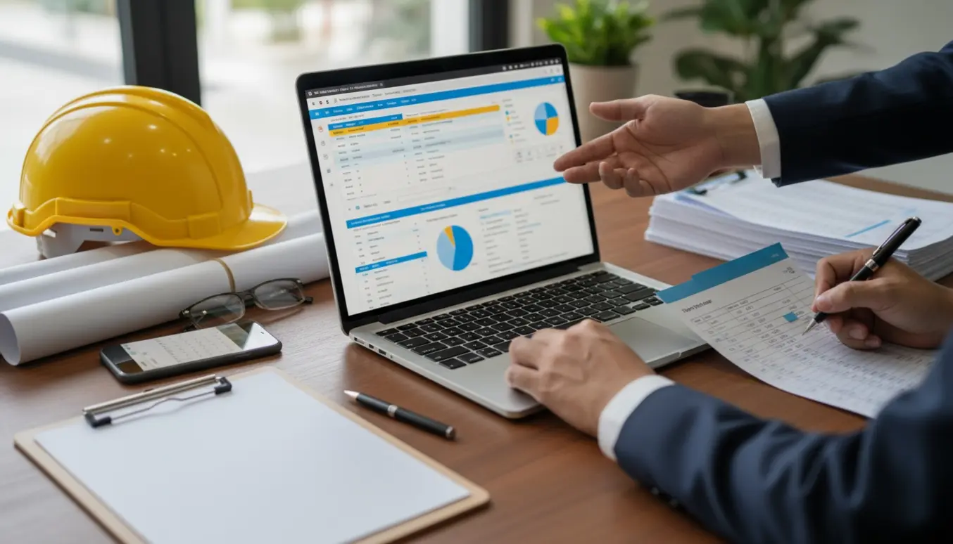 Skrivebord med laptop der viser et utydeligt regneark, hænder peger, ruller af byggeplan og sikkerhedshjelm ved siden af.