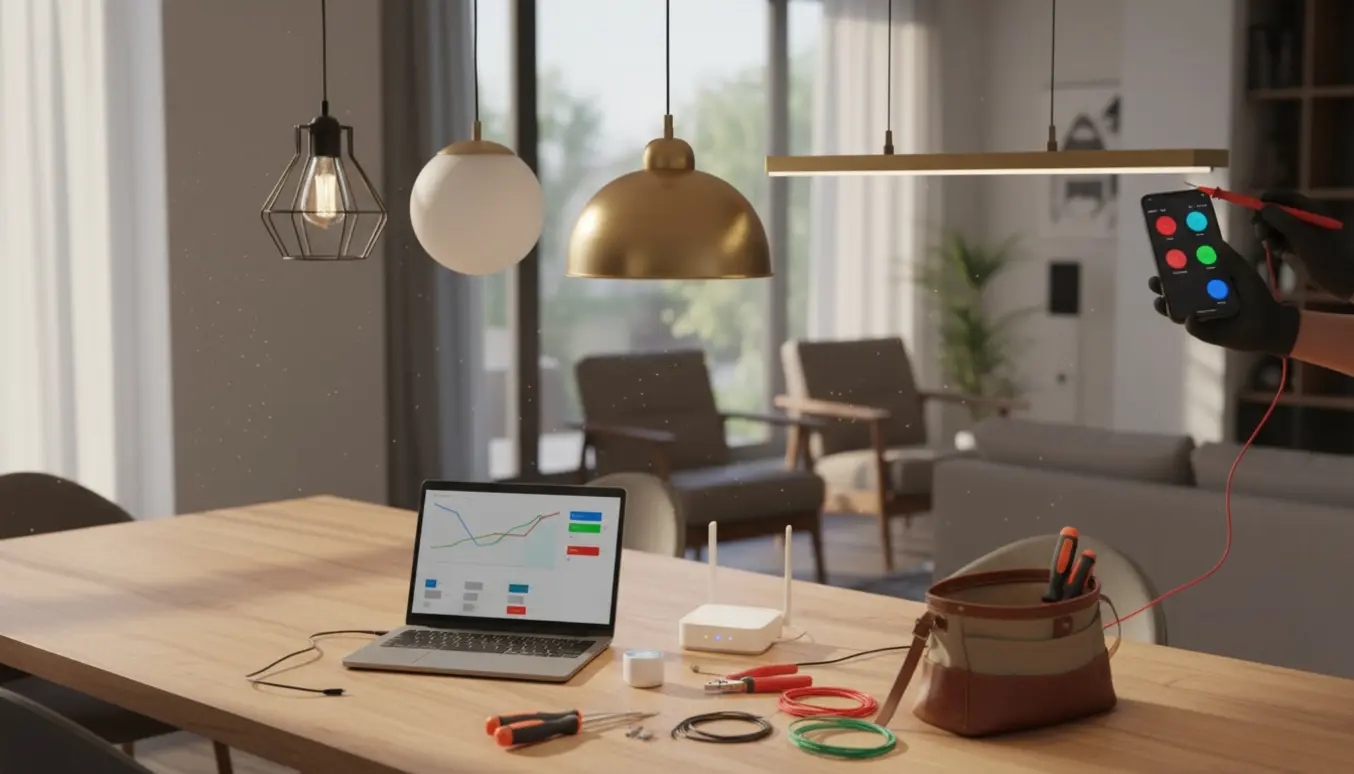 Tekniker overvåger fire ophængte lamper med multimeter, smartphone og bærbar i et lyst, moderne rum.