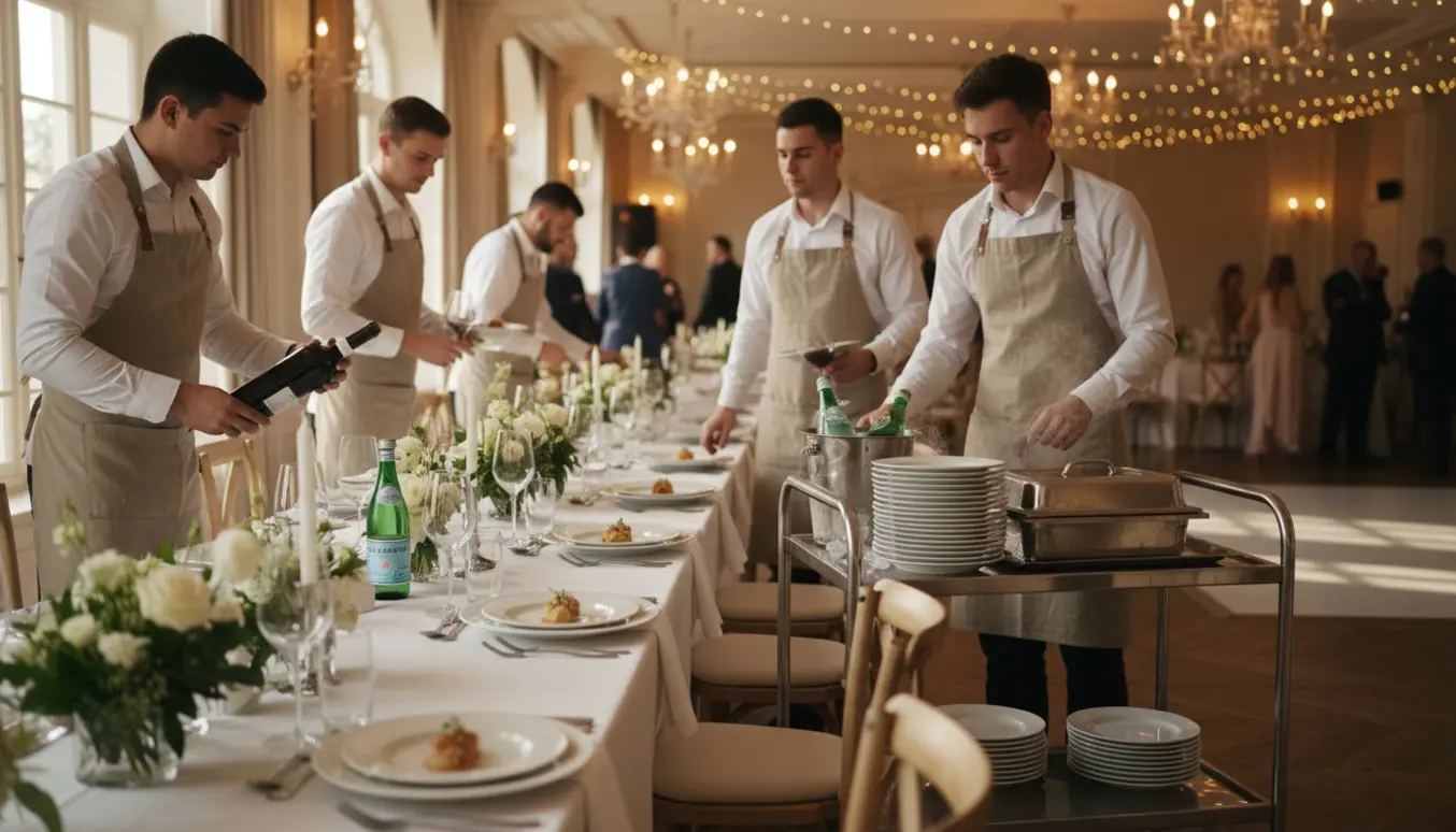 Serveringspersonale fylder glas og anretter fade ved et elegant bryllupsbord.