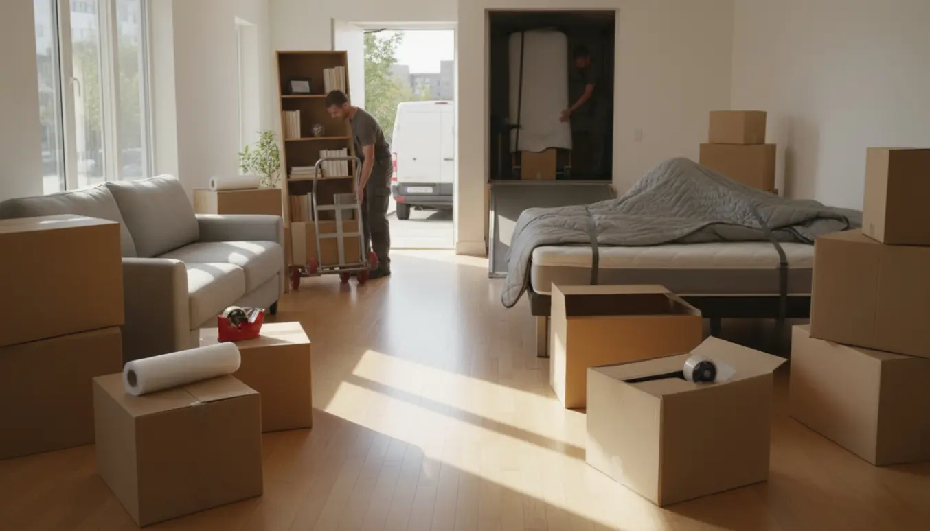 Pakkede flyttekasser og tæpperet sofa i en lys lejlighed klar til at blive læsset i en flyttevogn.