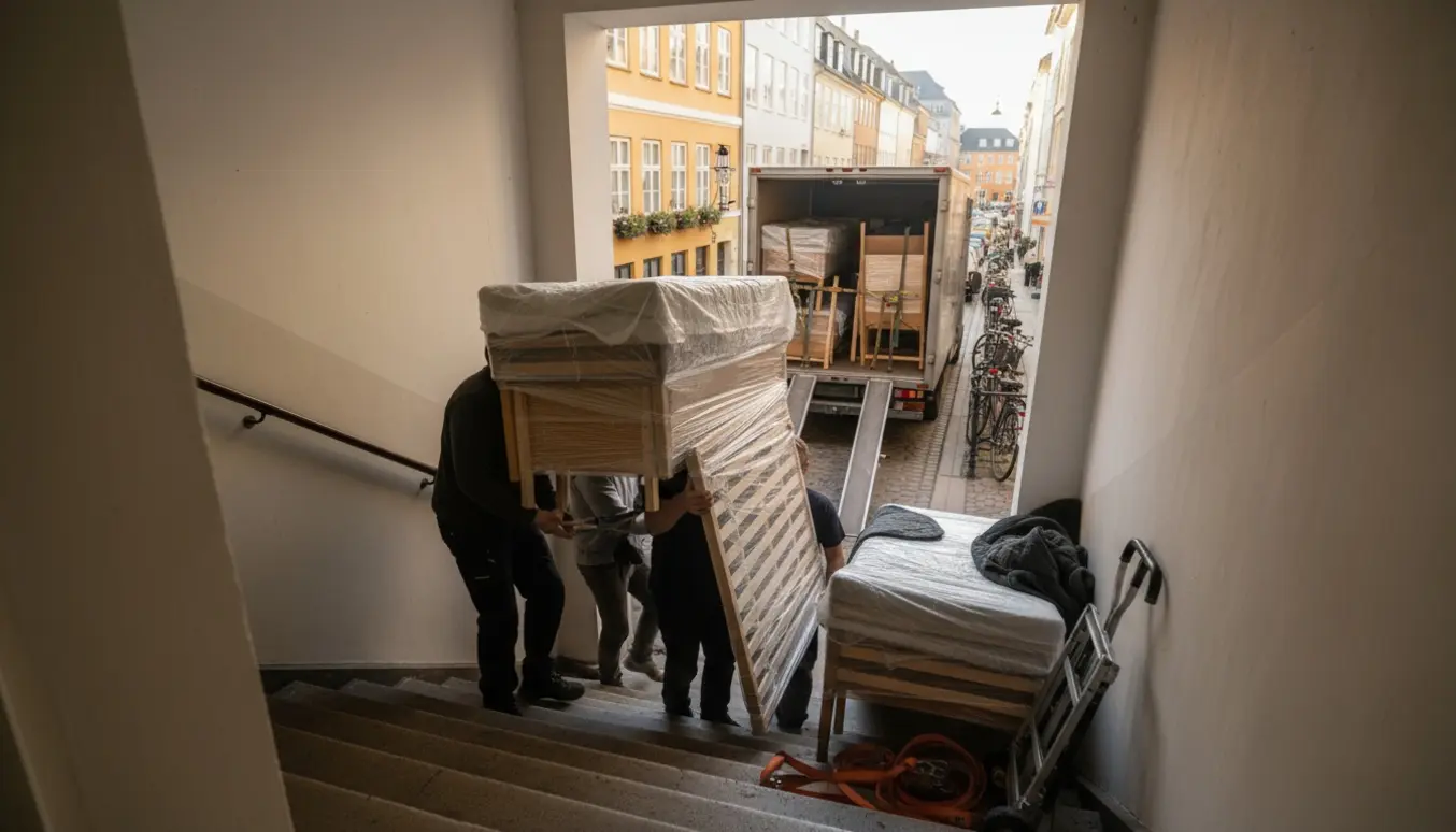 Flyttefolk bærer tre enkeltsenge, et lille skab og et skrivebord ned ad trappen mod en ventende flyttebil på en smal københavnsk gade.