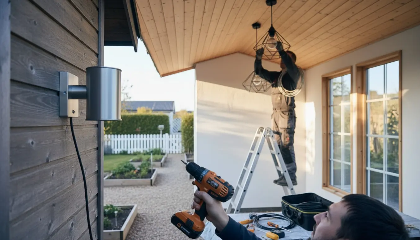 Elektriker monterer lamper indendørs og udendørs i en kolonihave på Amager med stige og værktøj, ansigter ikke synlige.