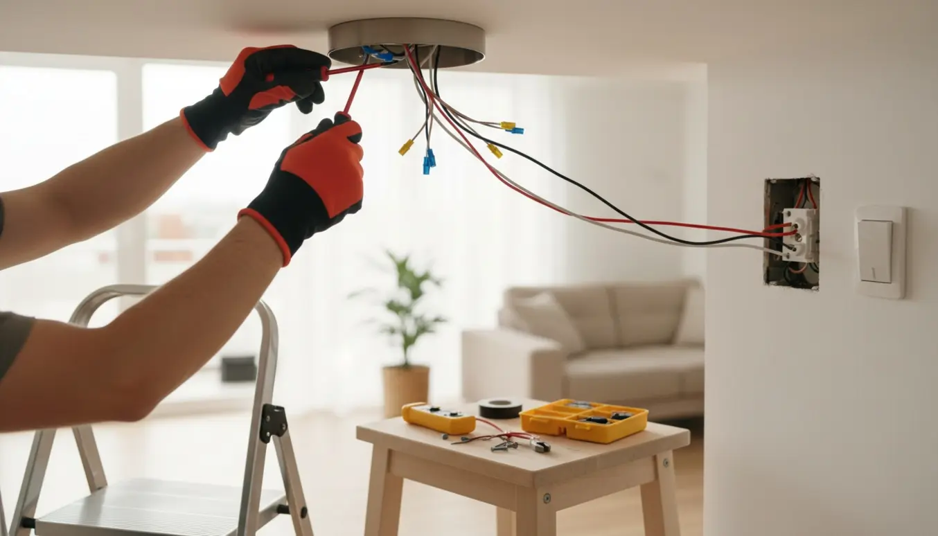 Hænder på en stige monterer en ny kablet loftslampe, mens en gammel dimmer udskiftes med en almindelig kontakt.