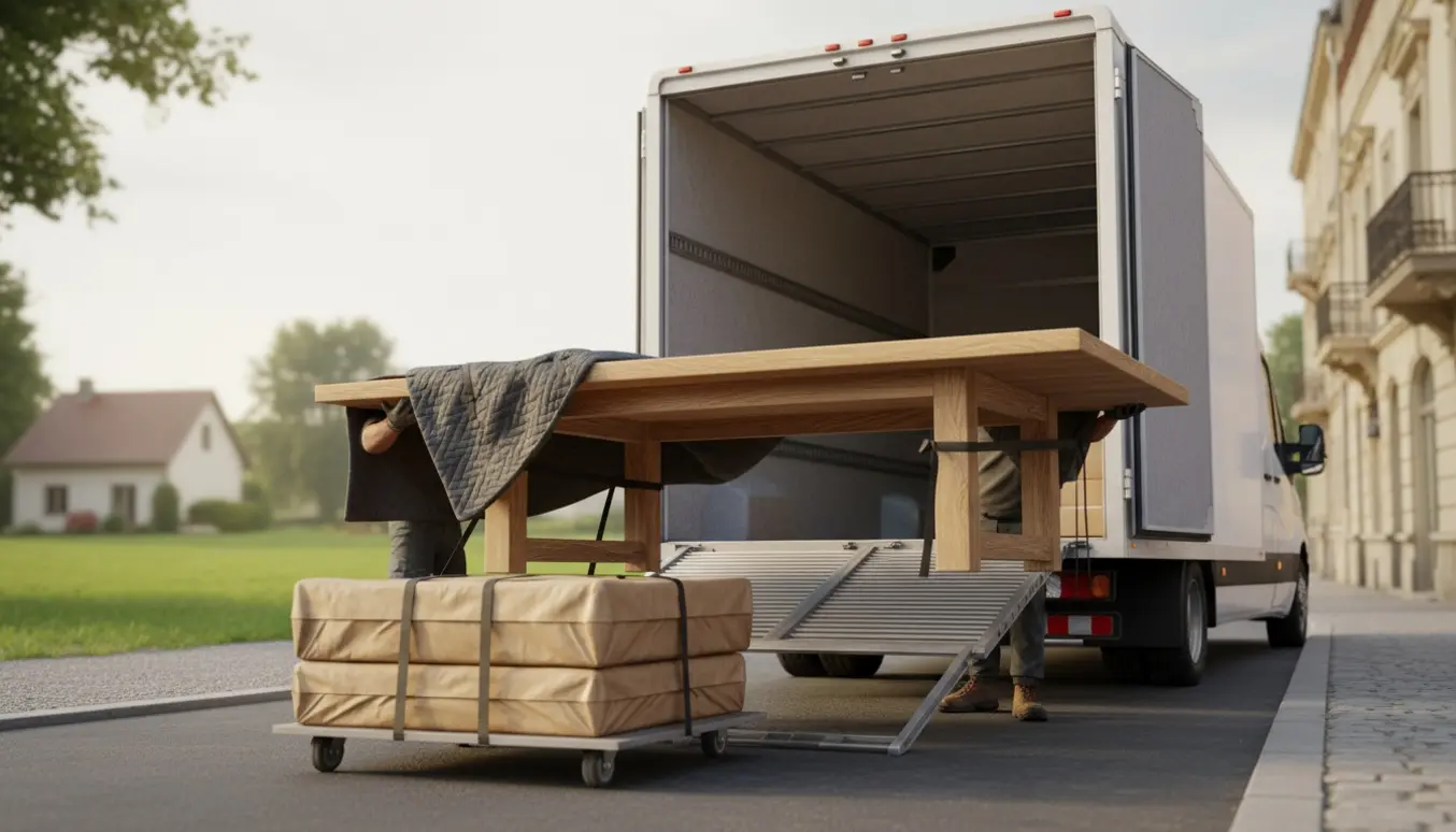 Et træspisebord indpakket i flyttetæpper og sikret i bagenden af en flyttebil klar til transport.
