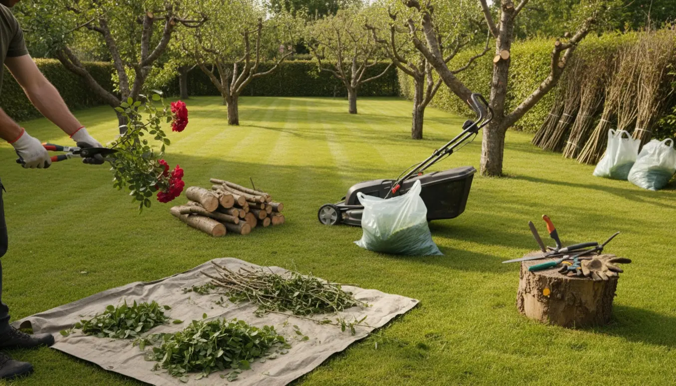 Handskerede hænder beskærer hassel og rose, elektrisk plæneklipper og gennemsigtige sække med grønt affald i en have.