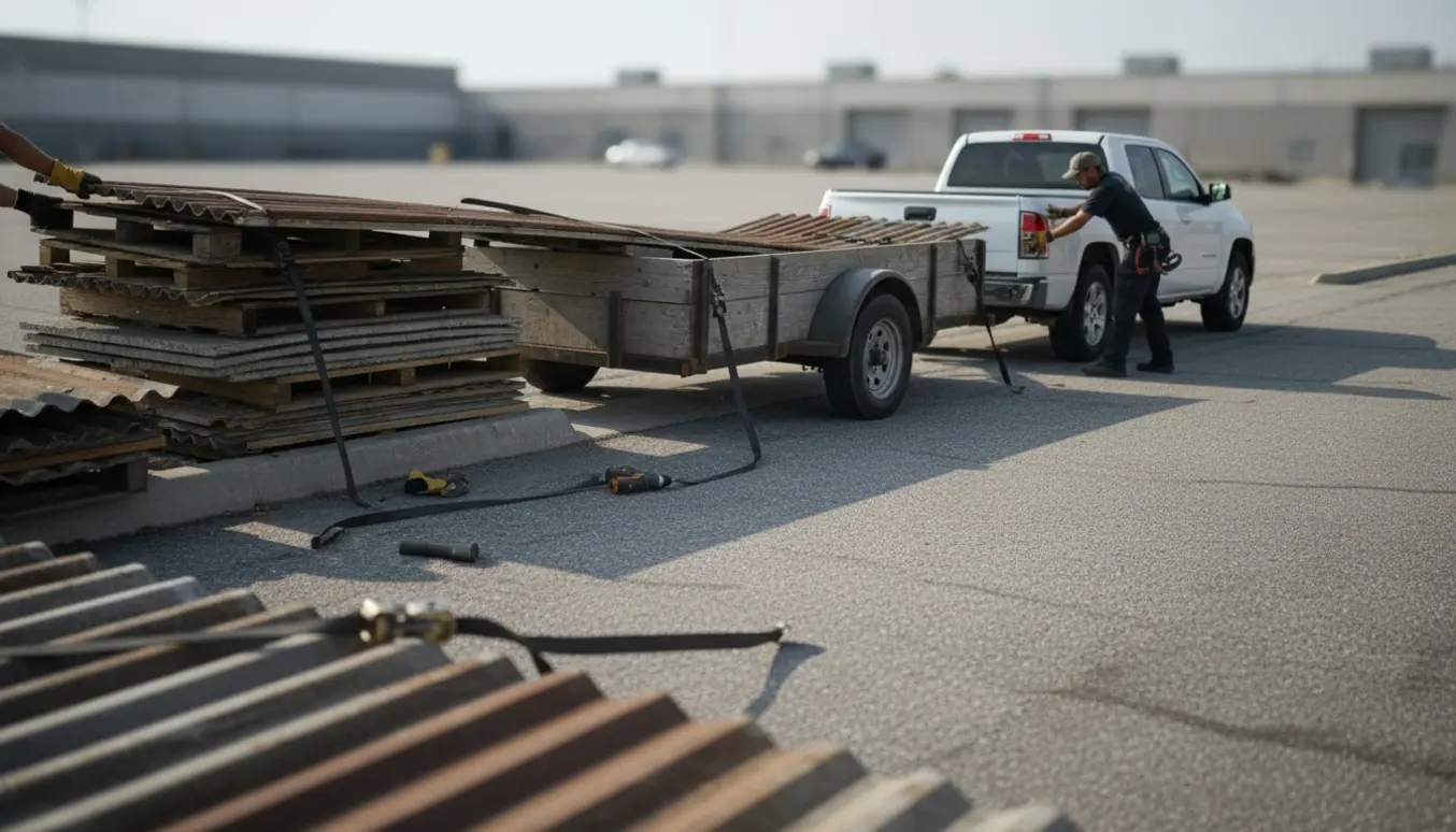 Trailer i en stor parkeringsplads med stablede tagplader klar til afhentning.