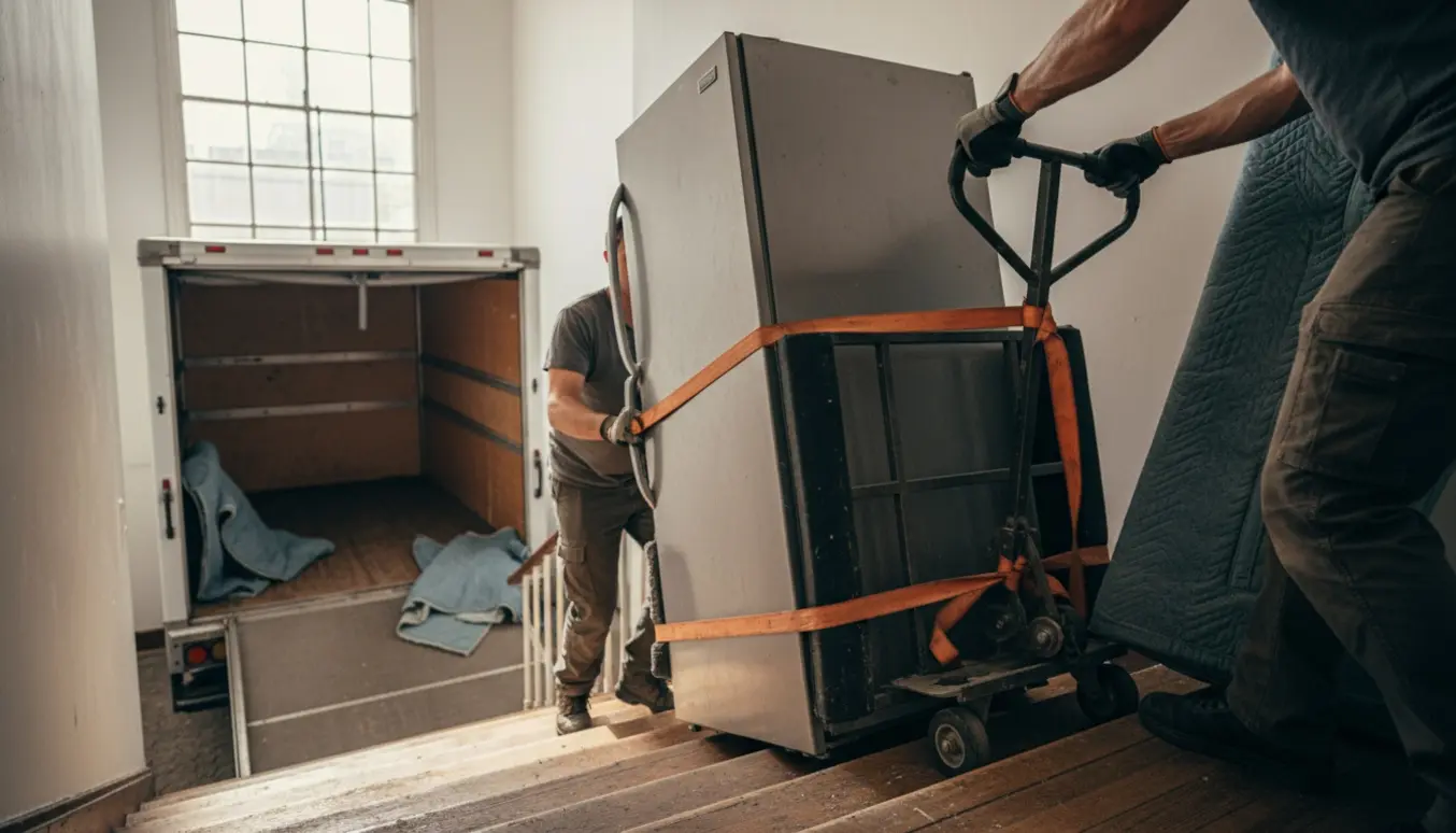 Et amerikansk køleskab uden døre bæres forsigtigt ned ad en smal trappe mod en varevogn.