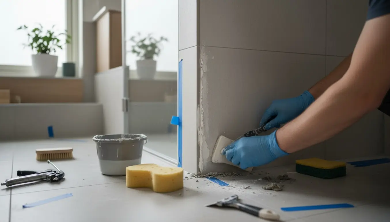 Nærbillede af udskiftning af fugemasse i brusekabine med værktøj og friske fugekanter i et lyst badeværelse.