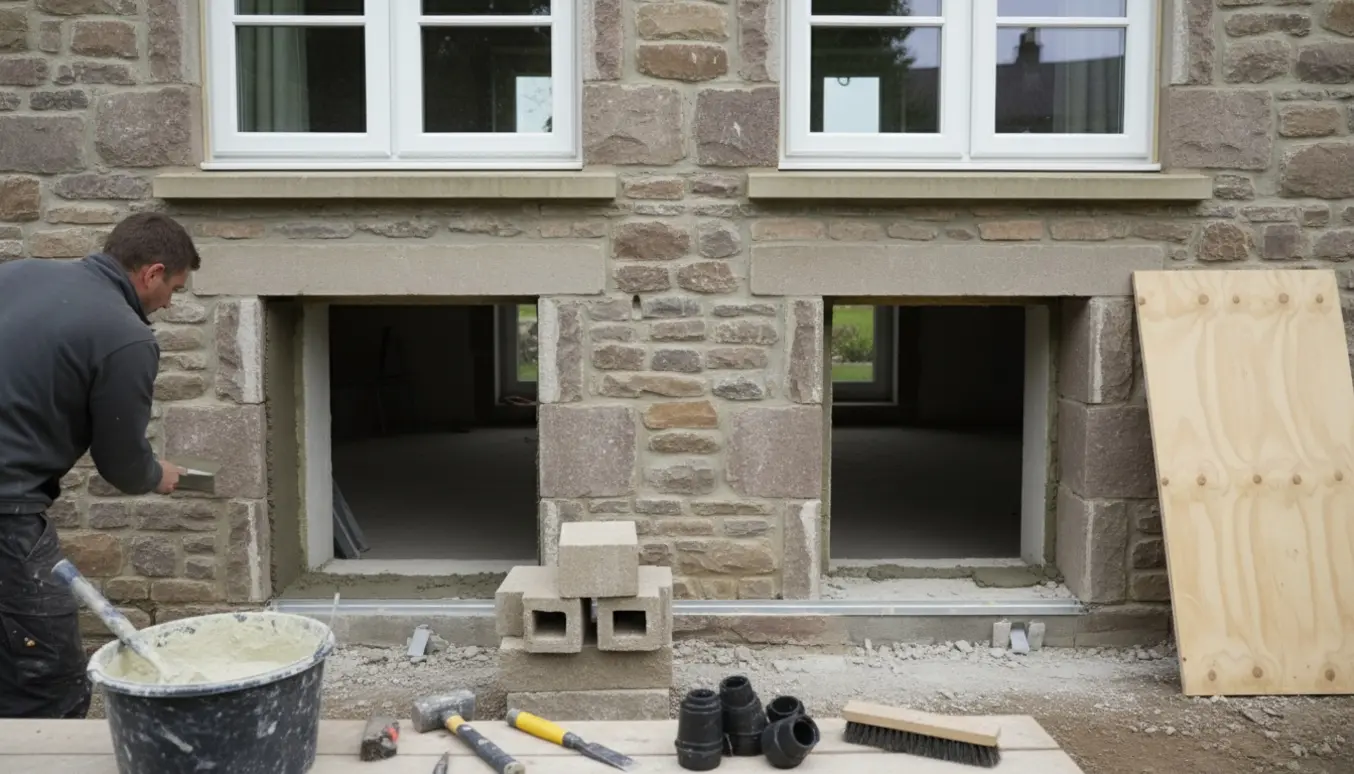 Murer arbejder ved to matchende åbninger til terrassedøre under stueplanets vinduer med kalkmørtel, værktøj og en plade klar til at holde dyr ude.