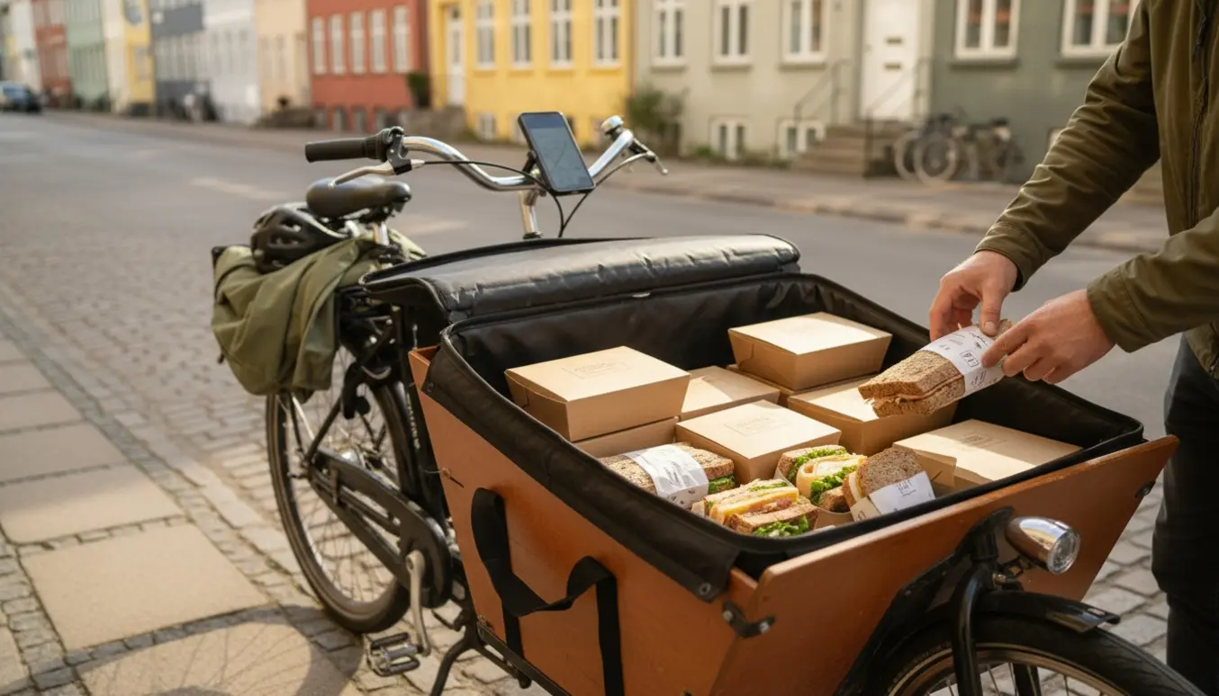 Cykelbud lægger sandwicher i en isoleret leveringspose på en solrig københavnsk gade.