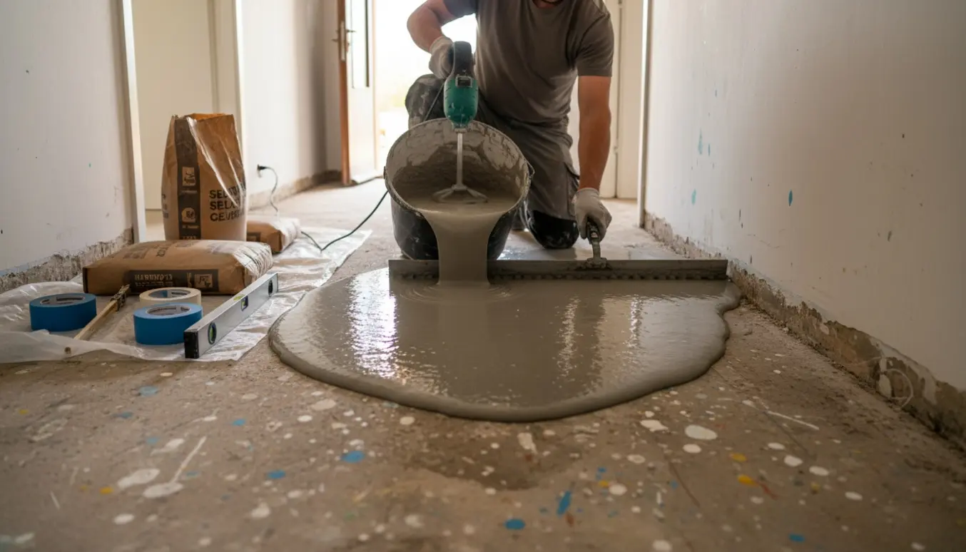 Håndværker udjævner selvnivellerende flydespartel i en smal entre over et ujævnt betongulv med malerrester.