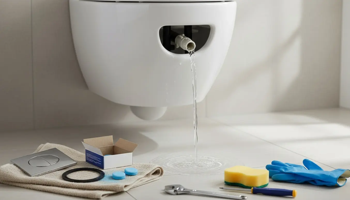 Vægtoilet med rindende vand, afkalkningstabletter og værktøj på flisegulvet.