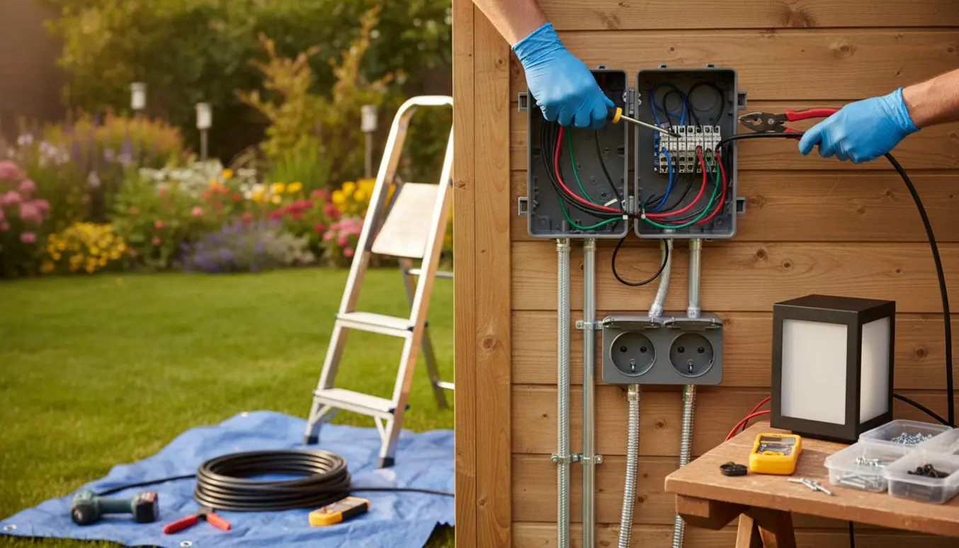 Nærbillede af elektrisk installationsarbejde ved et nyt skur med åben koblingsboks, handsker, værktøj og udendørslampe klar til montering.