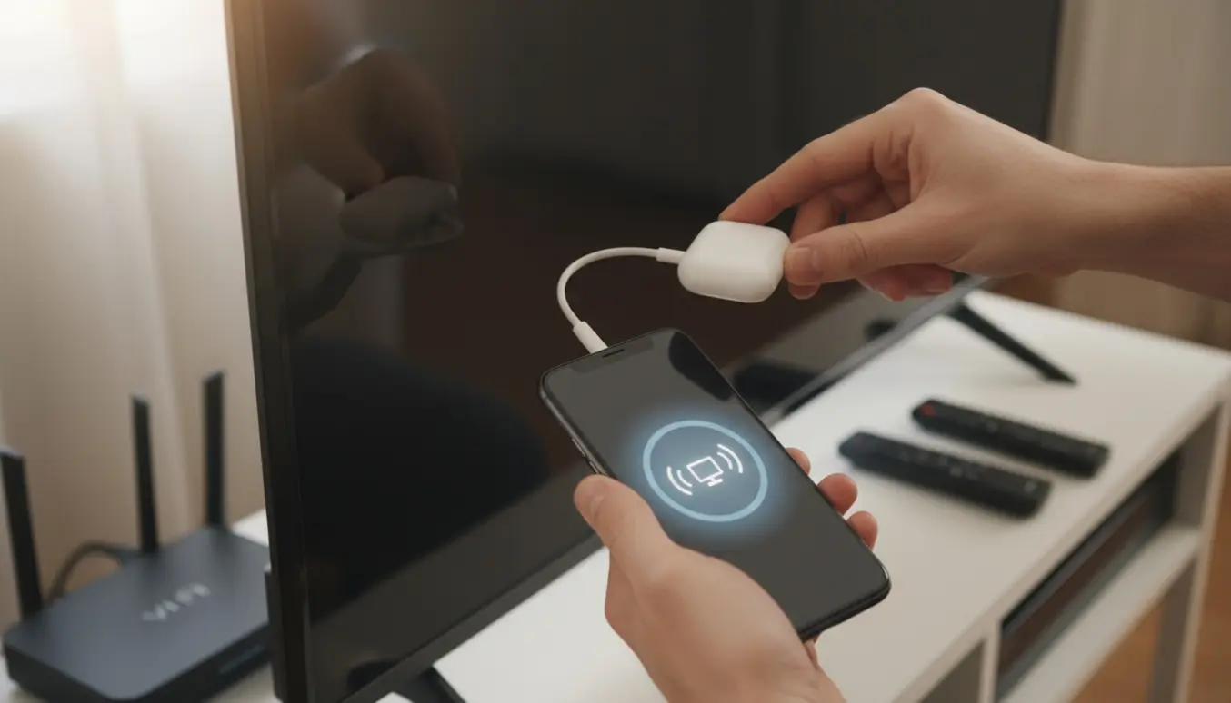 Hænder tilslutter en Chromecast-lignende HDMI-dongle til et TV, mens en mobil viser et forbindelsesikon.