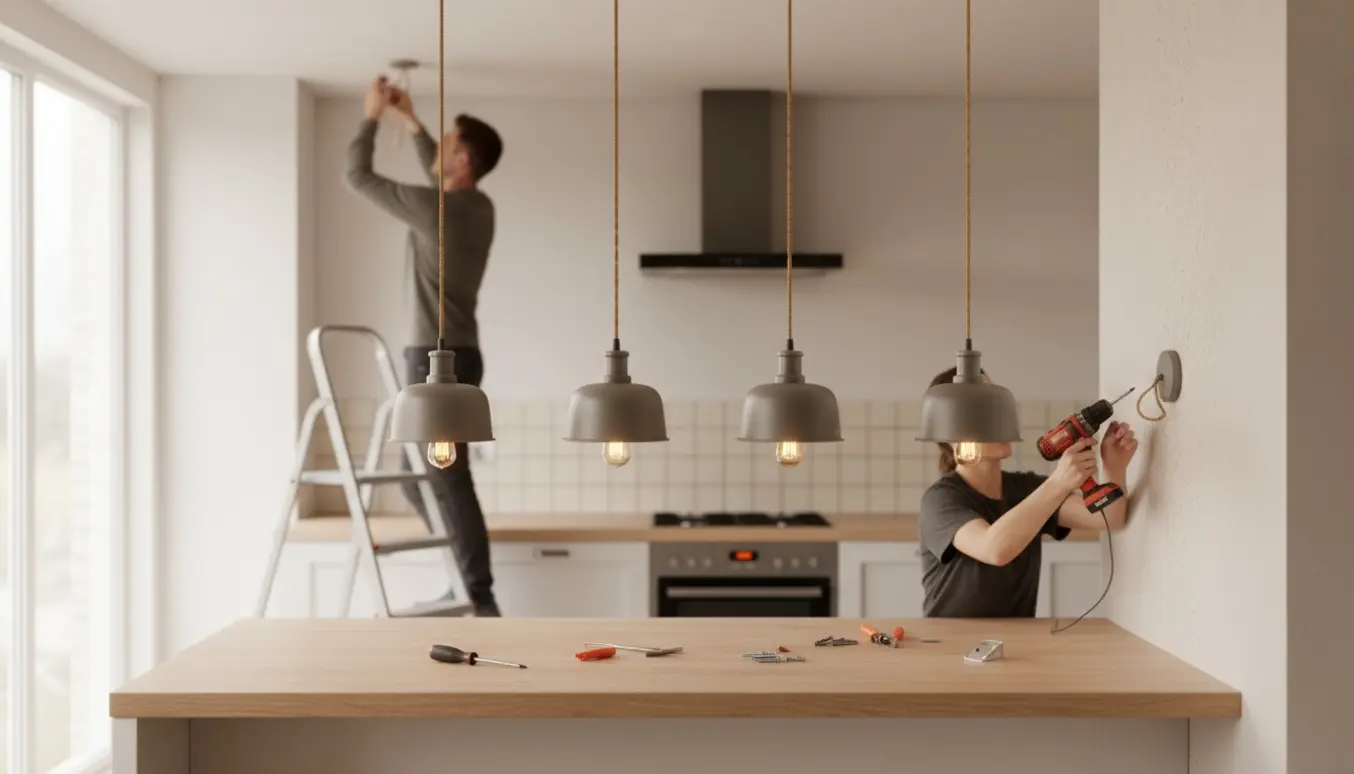 Installation af fire hængelamper over køkkenø og bagbord og en væglampe på en gipsvæg, hænder justerer ledningerne.