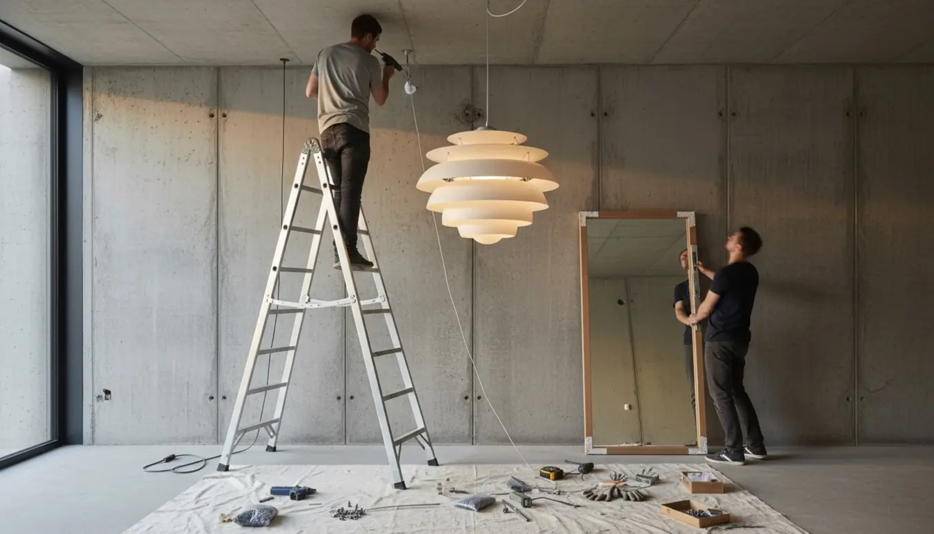 PH Snebold-lampe hænges op i betonloft mens et stort spejl monteres på betonvæg, med værktøj klar på et underlag.