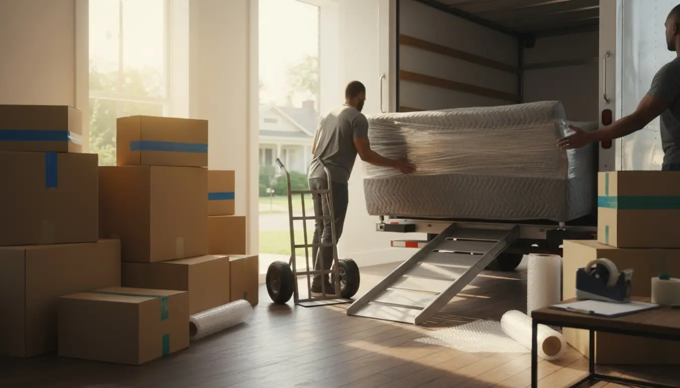 Flyttefolk bærer møbler og flyttekasser fra en lejlighed med åben varevogn og hus i baggrunden.