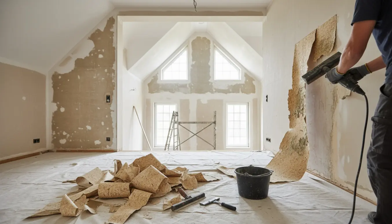 Indendørsfoto af to-etagers hus under renovering med savsmuldtapet delvist fjernet og værktøj på afdækning.