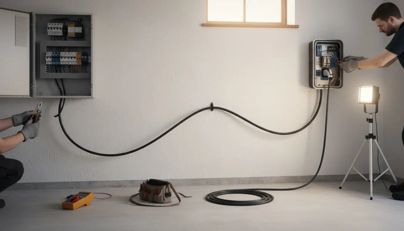 Hænder i isolerede handsker forbinder kabel fra eltavlen til en åben ladeboks i en lukket garage.