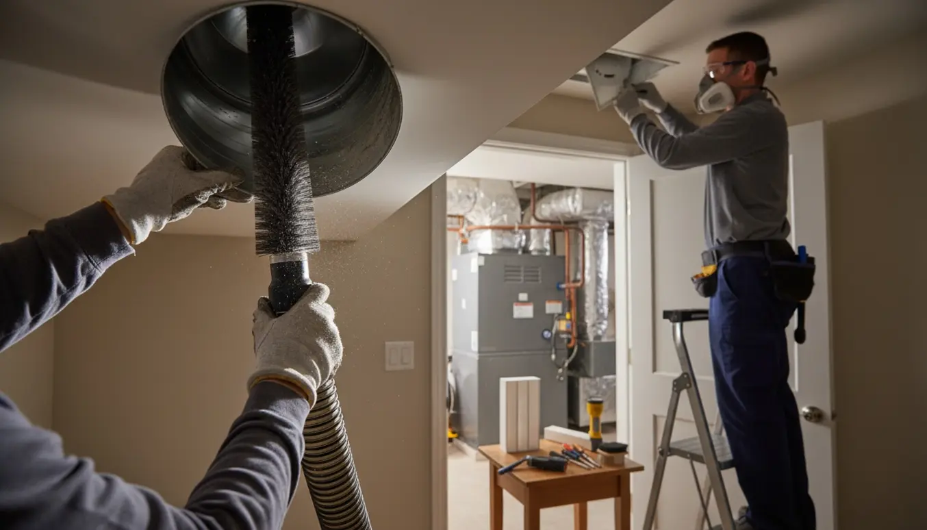 Håndværker renser ventilationsanlæg i privat bolig med børste og HEPA-støvsuger, ansigt ikke synligt.