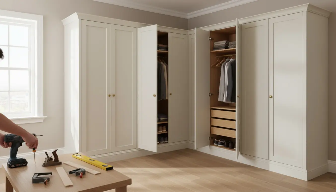 Indbygget gaderobe i fuld højde langs to vægge med shaker-låger og monteringsværktøj i et lyst soveværelse.