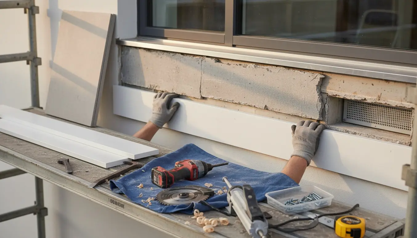 Renovering af facadebrædder under et vindue ved en lyskasse med udskiftede fiber-cementplader og værktøj.