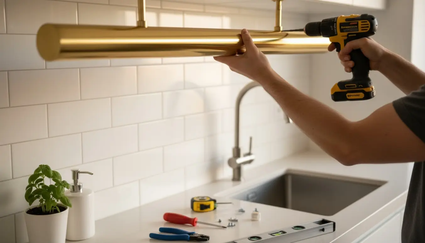 Hænder monterer en 160 cm lang messingloftlampe over et køkkenvask i et moderne køkken.