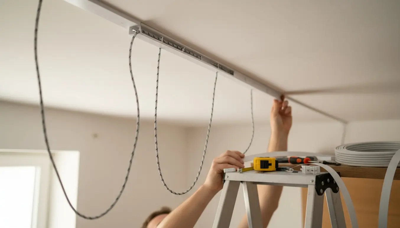 Hænder på en stige sætter en hvid kabelskjuler op langs loftet for at skjule to lampetråde.
