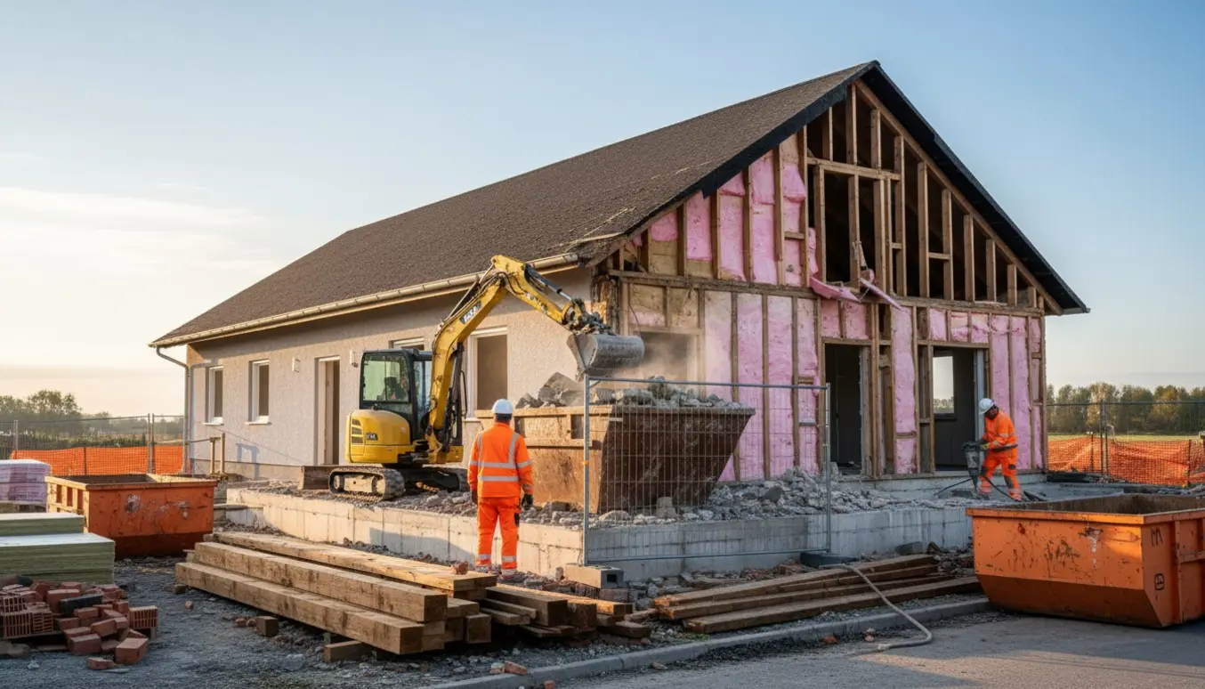 Delvis nedrevet étplans parcelhus med bevaret fundament og halve ydervægge, minigraver og containere på byggepladsen.