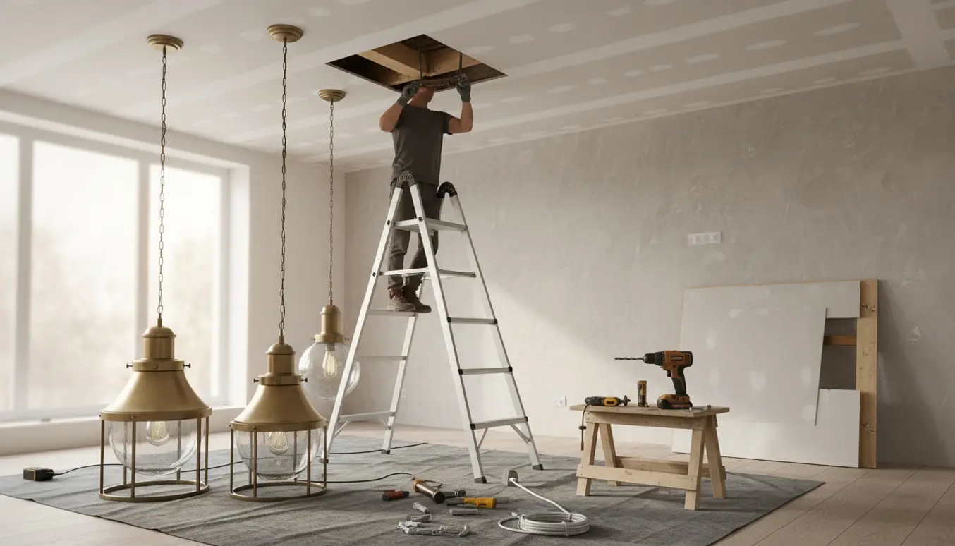 Håndværker monterer tre tunge lamper i et gipsloft med stige, udskåret loft og værktøj.