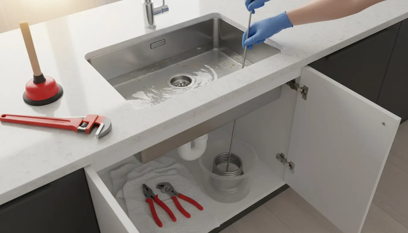 Stoppet køkkenvask på en køkkenø med åben underskab, vandlås i en spand og handsker med værktøj.