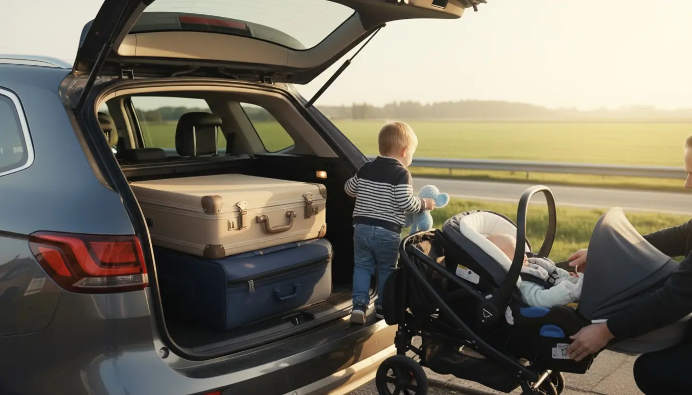 Bagagerum på en bil pakket til kørsel København–Odense med klapvogn, to kufferter og et installeret babysæde.