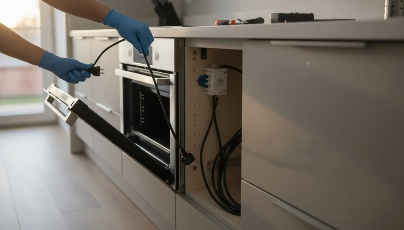 Nærbillede af en ovn trukket ud af skabet, hvor hænder i handsker udskifter et kort strømkabel med et længere kabel fra væggen.