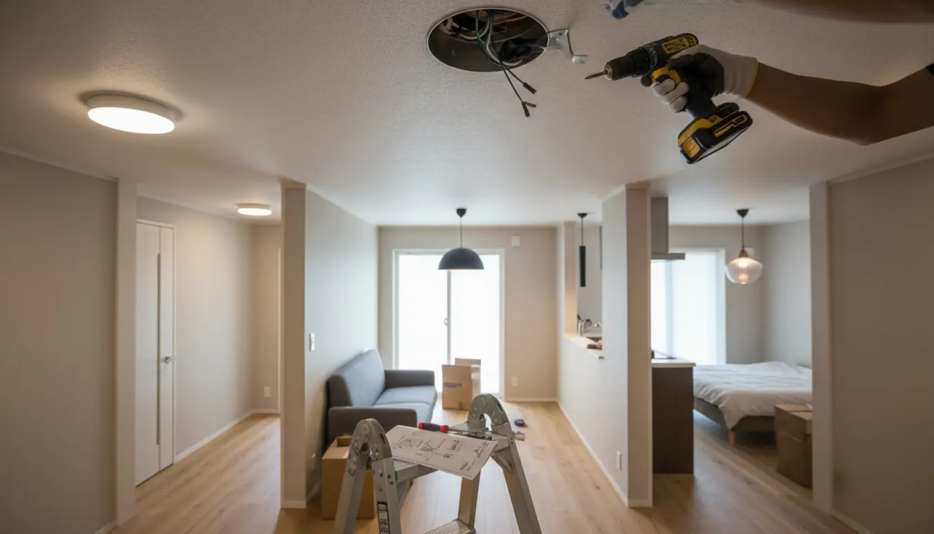 Hænder monterer en loftlampe på en stige i et lavloftet hjem med flere installerede lamper synlige gennem døråbninger.