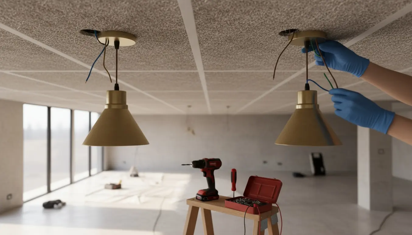 Nærbillede af to loftslamper under montering i troldtekt-loft, hænder forbinder ledninger med værktøj ved siden af.